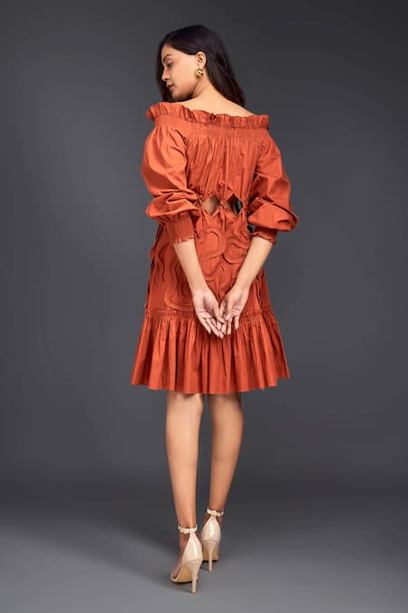 Shop_Deepika Arora_Orange Cotton Embroidery Off-shoulder Tonal Pleated Frill Dress _at_Aza_Fashions