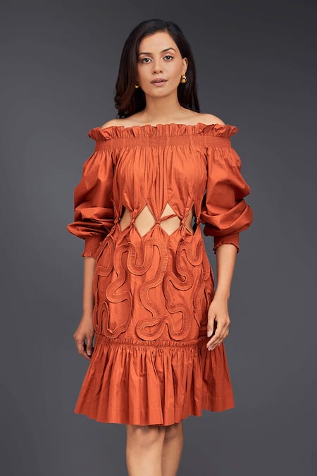 Deepika Arora_Orange Cotton Embroidery Off-shoulder Tonal Pleated Frill Dress _Online_at_Aza_Fashions