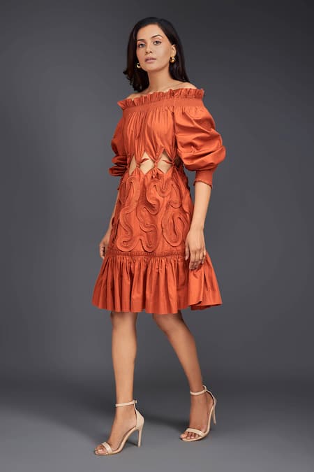 Buy_Deepika Arora_Orange Cotton Embroidery Off-shoulder Tonal Pleated Frill Dress _Online_at_Aza_Fashions