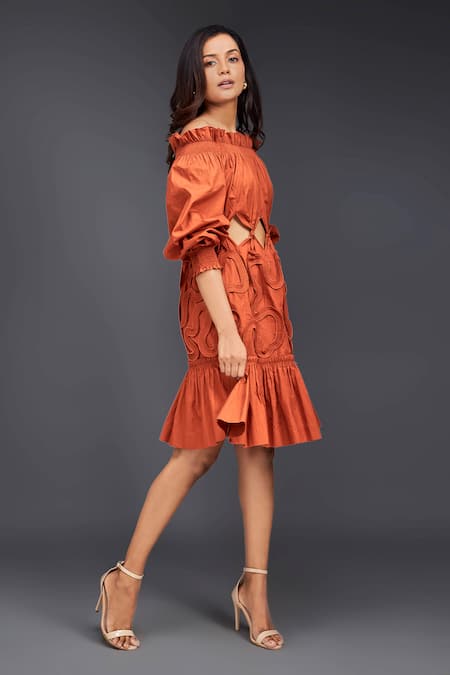 Shop_Deepika Arora_Orange Cotton Embroidery Off-shoulder Tonal Pleated Frill Dress _Online_at_Aza_Fashions