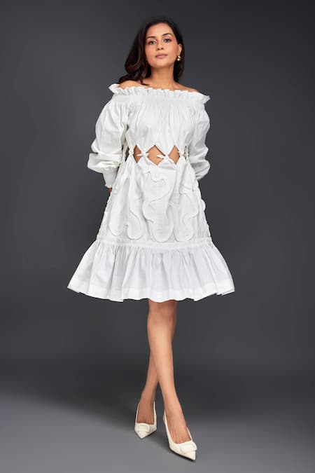 Deepika Arora White Cotton Off Shoulder Tonal Pleated Frill Dress 