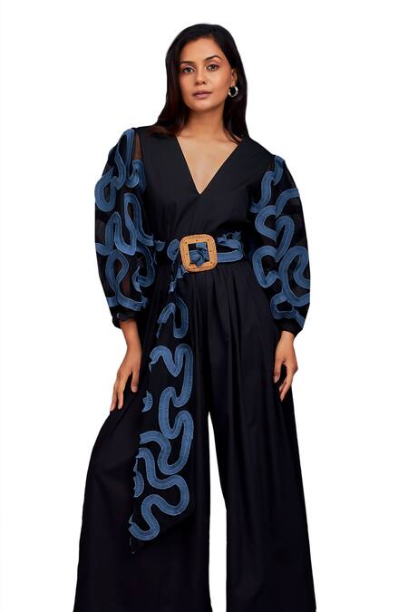 Deepika Arora Black Cotton V-neck Contrasting Pleated Frill Jumpsuit Online at Aza Fashions Deepika Arora_Black Cotton V-neck Contrasting Pleated Frill Jumpsuit_Online_at_Aza_Fashions