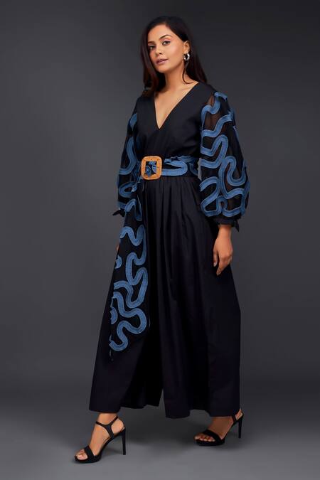 Buy Deepika Arora Black Cotton V-neck Contrasting Pleated Frill Jumpsuit Online at Aza Fashions Buy_Deepika Arora_Black Cotton V-neck Contrasting Pleated Frill Jumpsuit_Online_at_Aza_Fashions