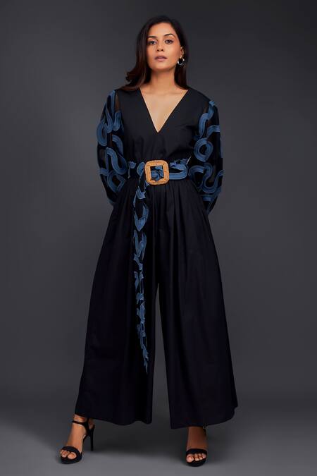 Deepika Arora Black Cotton V-neck Contrasting Pleated Frill Jumpsuit at Aza Fashions Deepika Arora_Black Cotton V-neck Contrasting Pleated Frill Jumpsuit_at_Aza_Fashions