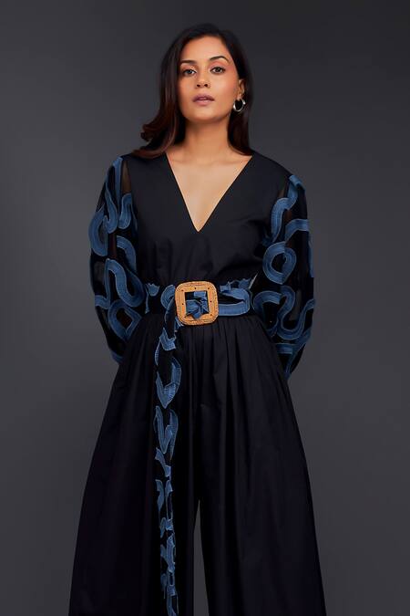 Buy Deepika Arora Black Cotton V-neck Contrasting Pleated Frill Jumpsuit Buy_Deepika Arora_Black Cotton V-neck Contrasting Pleated Frill Jumpsuit