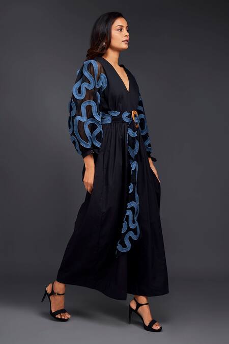 Shop Deepika Arora Black Cotton V-neck Contrasting Pleated Frill Jumpsuit Shop_Deepika Arora_Black Cotton V-neck Contrasting Pleated Frill Jumpsuit