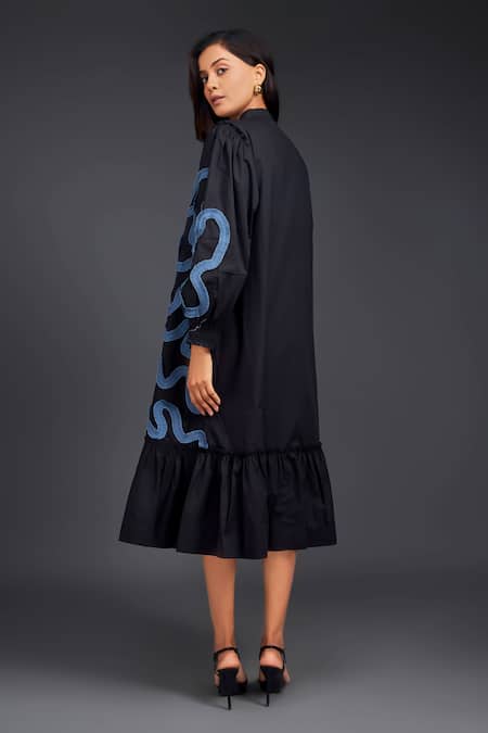 Shop Deepika Arora Black Cotton Round Neck Pleated Frill Shirt Dress at Aza Fashions Shop_Deepika Arora_Black Cotton Round Neck Pleated Frill Shirt Dress_at_Aza_Fashions