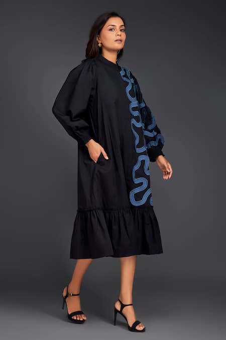 Shop Deepika Arora Black Cotton Round Neck Pleated Frill Shirt Dress Online at Aza Fashions Shop_Deepika Arora_Black Cotton Round Neck Pleated Frill Shirt Dress_Online_at_Aza_Fashions