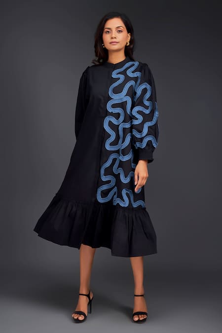 Deepika Arora Black Cotton Round Neck Pleated Frill Shirt Dress at Aza Fashions Deepika Arora_Black Cotton Round Neck Pleated Frill Shirt Dress_at_Aza_Fashions