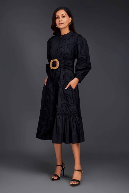 Deepika Arora_Black Cotton Round Neck Tonal Pleated Frill Shirt Dress_Online_at_Aza_Fashions