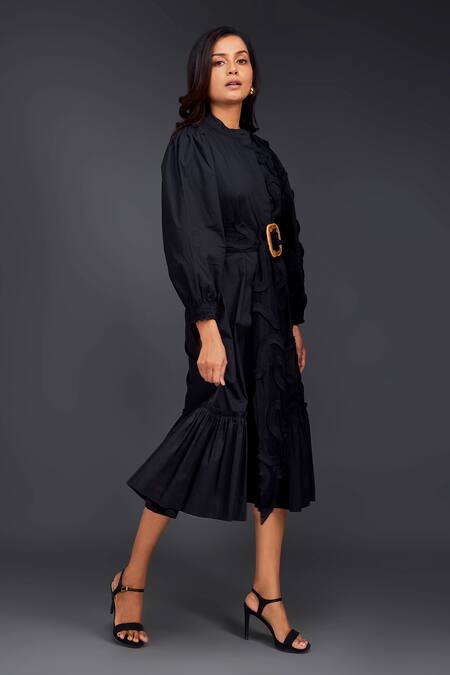 Buy_Deepika Arora_Black Cotton Round Neck Tonal Pleated Frill Shirt Dress_Online_at_Aza_Fashions