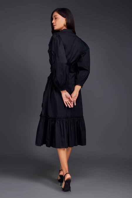 Shop_Deepika Arora_Black Cotton Round Neck Tonal Pleated Frill Shirt Dress_Online_at_Aza_Fashions