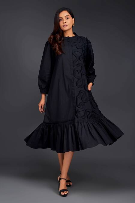 Buy_Deepika Arora_Black Cotton Round Neck Tonal Pleated Frill Shirt Dress