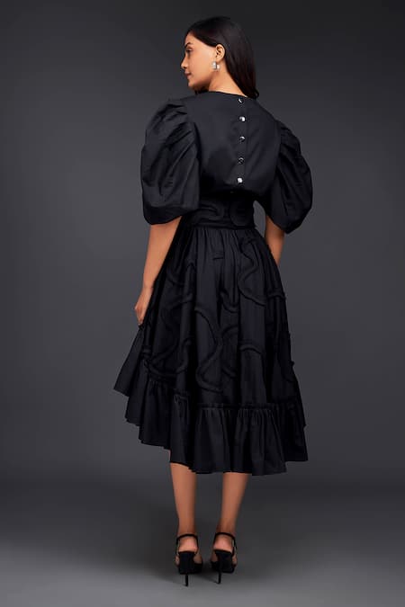 Shop_Deepika Arora_Black Cotton Buckles Round Neck Top With Pleated Frill Skirt_at_Aza_Fashions