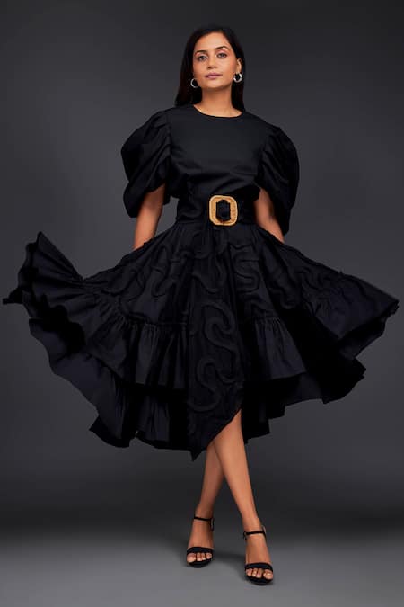 Deepika Arora_Black Cotton Buckles Round Neck Top With Pleated Frill Skirt_Online_at_Aza_Fashions