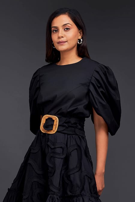 Buy_Deepika Arora_Black Cotton Buckles Round Neck Top With Pleated Frill Skirt_Online_at_Aza_Fashions