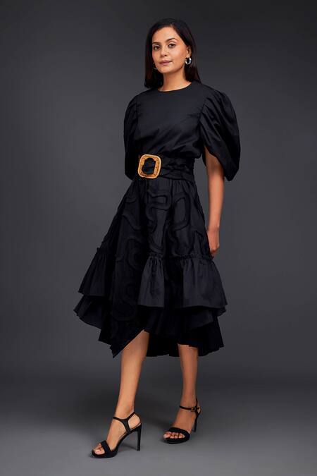 Shop_Deepika Arora_Black Cotton Buckles Round Neck Top With Pleated Frill Skirt_Online_at_Aza_Fashions