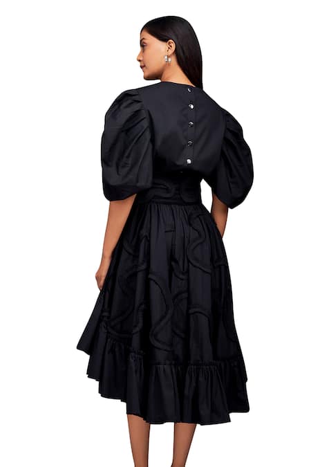 Deepika Arora_Black Cotton Buckles Round Neck Top With Pleated Frill Skirt_at_Aza_Fashions