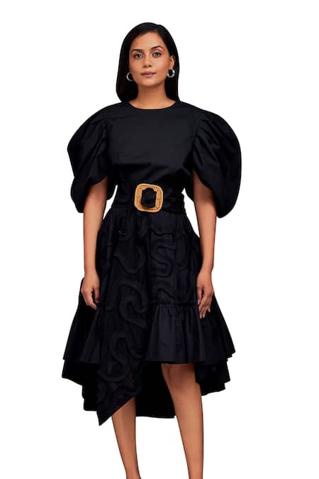 Buy_Deepika Arora_Black Cotton Buckles Round Neck Top With Pleated Frill Skirt