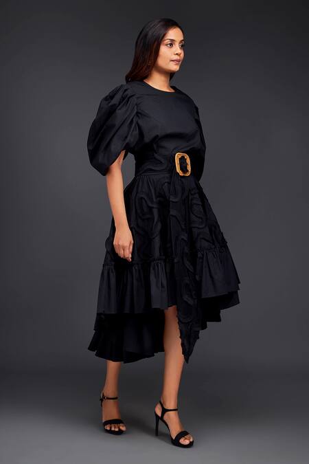 Shop_Deepika Arora_Black Cotton Buckles Round Neck Top With Pleated Frill Skirt