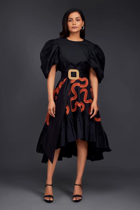 Deepika Arora Black Cotton Round Top With Contrasting Pleated Frill Skirt 