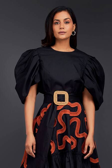Deepika Arora Black Cotton Round Neck Top With Contrasting Pleated Frill Skirt at Aza Fashions Deepika Arora_Black Cotton Round Neck Top With Contrasting Pleated Frill Skirt_at_Aza_Fashions