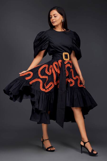 Shop Deepika Arora Black Cotton Round Neck Top With Contrasting Pleated Frill Skirt Shop_Deepika Arora_Black Cotton Round Neck Top With Contrasting Pleated Frill Skirt