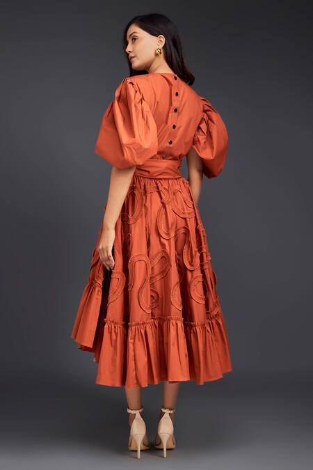 Shop Deepika Arora Orange Cotton Round Neck Top With Pleated Frill Asymmetric Skirt at Aza Fashions Shop_Deepika Arora_Orange Cotton Round Neck Top With Pleated Frill Asymmetric Skirt _at_Aza_Fashions