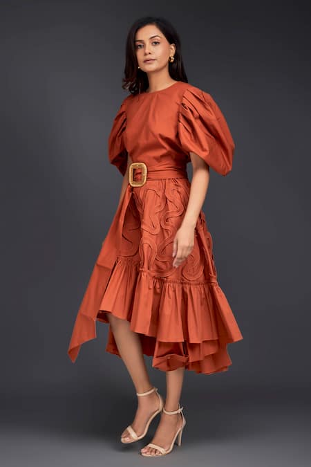 Deepika Arora Orange Cotton Round Neck Top With Pleated Frill Asymmetric Skirt Online at Aza Fashions Deepika Arora_Orange Cotton Round Neck Top With Pleated Frill Asymmetric Skirt _Online_at_Aza_Fashions