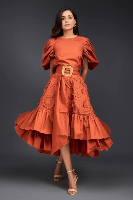Buy Deepika Arora Orange Cotton Round Neck Top With Pleated Frill Asymmetric Skirt Online at Aza Fashions Buy_Deepika Arora_Orange Cotton Round Neck Top With Pleated Frill Asymmetric Skirt _Online_at_Aza_Fashions