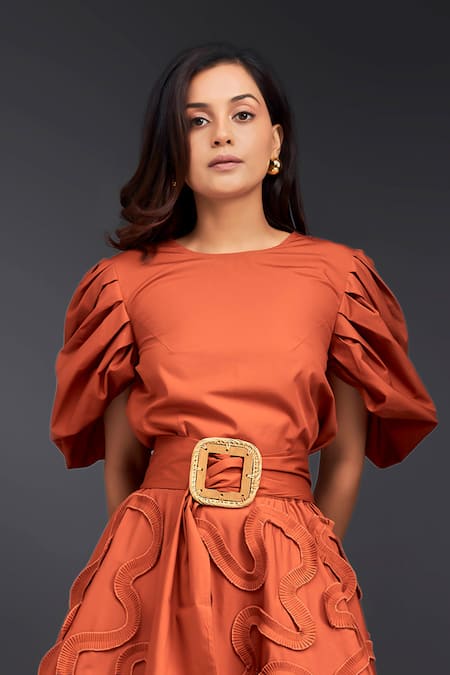Shop Deepika Arora Orange Cotton Round Neck Top With Pleated Frill Asymmetric Skirt Online at Aza Fashions Shop_Deepika Arora_Orange Cotton Round Neck Top With Pleated Frill Asymmetric Skirt _Online_at_Aza_Fashions