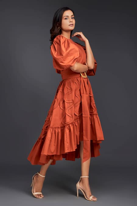 Deepika Arora Orange Cotton Round Neck Top With Pleated Frill Asymmetric Skirt at Aza Fashions Deepika Arora_Orange Cotton Round Neck Top With Pleated Frill Asymmetric Skirt _at_Aza_Fashions