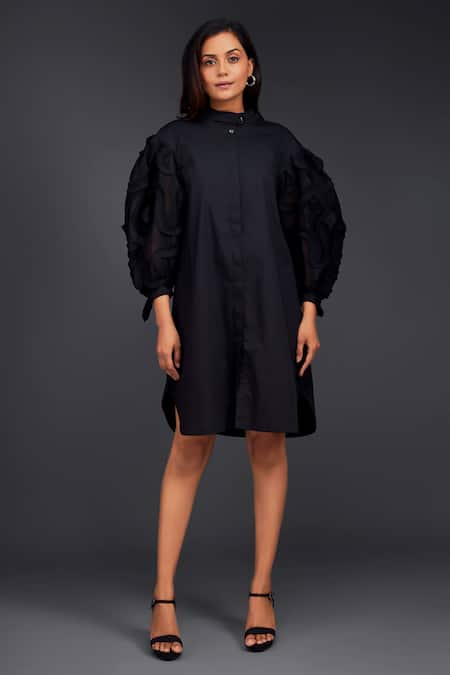 Deepika Arora Black Cotton Closed Round Pleated Frill Slit Shirt Dress 