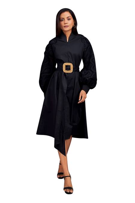 Deepika Arora_Black Cotton High Neck Placement Pleated Frill Dress_Online_at_Aza_Fashions