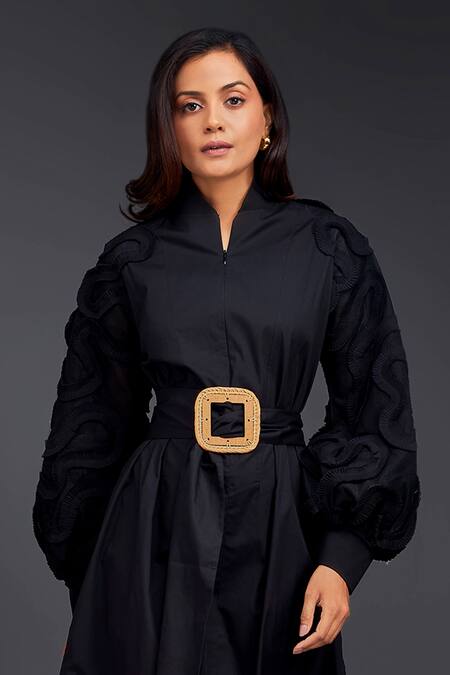 Buy_Deepika Arora_Black Cotton High Neck Placement Pleated Frill Dress_Online_at_Aza_Fashions