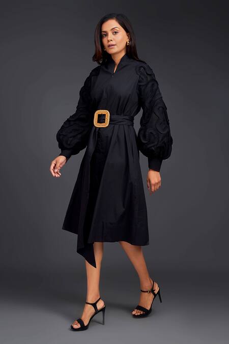 Shop_Deepika Arora_Black Cotton High Neck Placement Pleated Frill Dress_Online_at_Aza_Fashions
