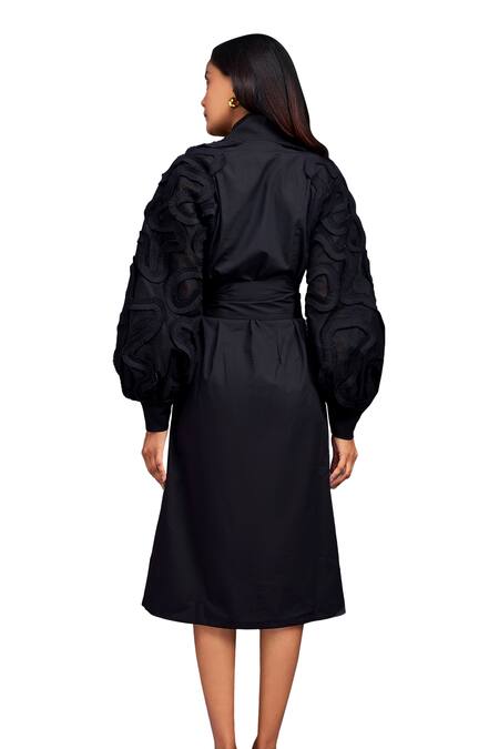 Deepika Arora_Black Cotton High Neck Placement Pleated Frill Dress_at_Aza_Fashions