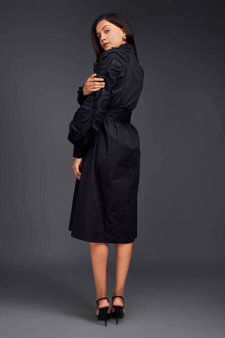 Shop_Deepika Arora_Black Cotton High Neck Placement Pleated Frill Dress