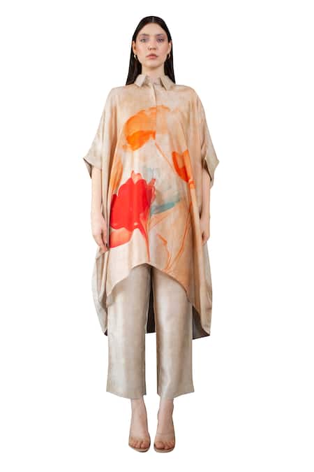 Shop_Clos_Beige Silk Collared Abstract Floral Print Kaftan With Pant 