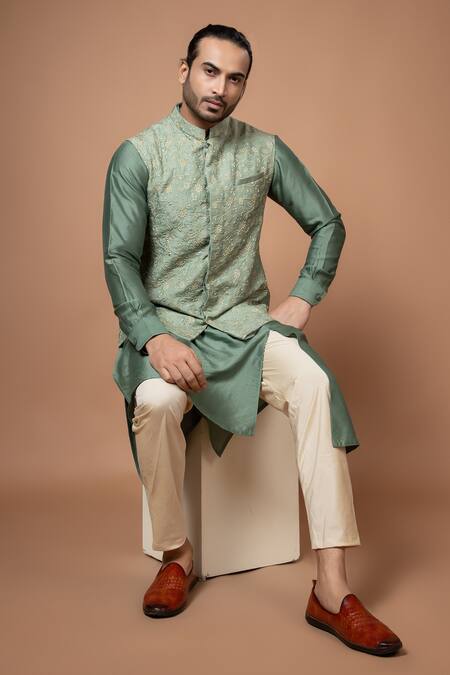 Priyanka Haralalka Green Silk, Cotton Embroidery Floral Bundi And Kurta Set Online at Aza Fashions Priyanka Haralalka_Green Silk, Cotton Embroidery Floral Bundi And Kurta Set _Online_at_Aza_Fashions