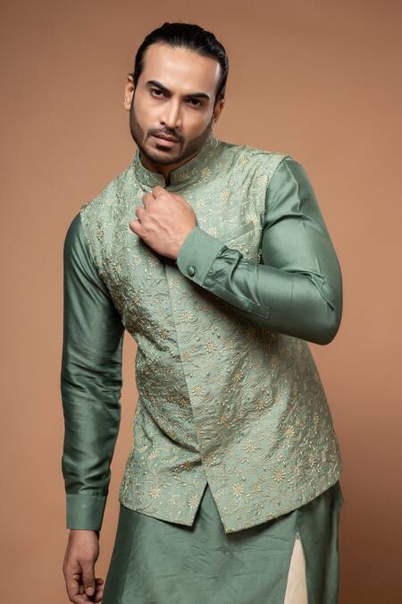 Buy Priyanka Haralalka Green Silk, Cotton Embroidery Floral Bundi And Kurta Set Online at Aza Fashions Buy_Priyanka Haralalka_Green Silk, Cotton Embroidery Floral Bundi And Kurta Set _Online_at_Aza_Fashions