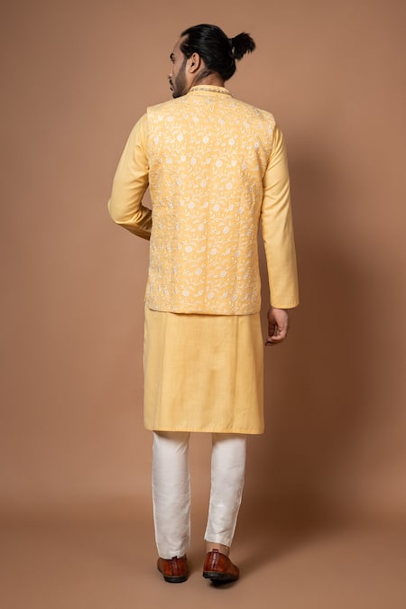Shop Priyanka Haralalka Yellow Cotton, Silk Embroidery Floral Zardozi Bundi at Aza Fashions Shop_Priyanka Haralalka_Yellow Cotton, Silk Embroidery Floral Zardozi Bundi _at_Aza_Fashions