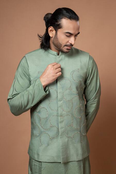 Buy Priyanka Haralalka Green Silk, Cotton Embroidery Floral Chord Bundi And Kurta Set Online at Aza Fashions Buy_Priyanka Haralalka_Green Silk, Cotton Embroidery Floral Chord Bundi And Kurta Set _Online_at_Aza_Fashions