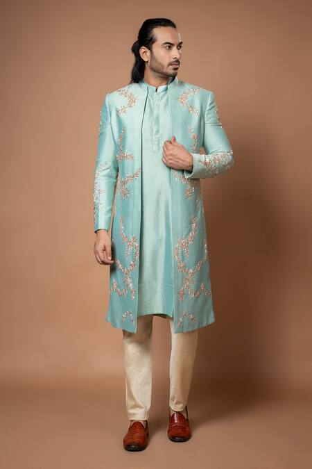 Buy Priyanka Haralalka Blue Silk, Cotton Embroidery, Zari Zardozi Sherwani And Kurta Set Online at Aza Fashions Buy_Priyanka Haralalka_Blue Silk, Cotton Embroidery, Zari Zardozi Sherwani And Kurta Set _Online_at_Aza_Fashions