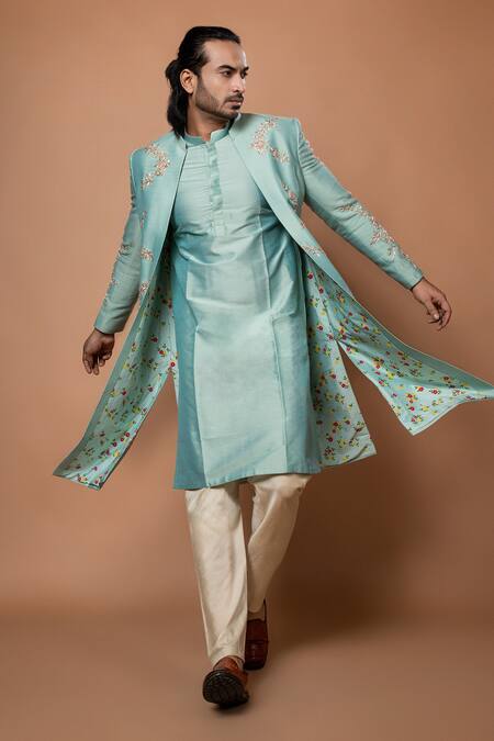 Priyanka Haralalka Blue Silk, Cotton Embroidery, Zari Zardozi Sherwani And Kurta Set at Aza Fashions Priyanka Haralalka_Blue Silk, Cotton Embroidery, Zari Zardozi Sherwani And Kurta Set _at_Aza_Fashions