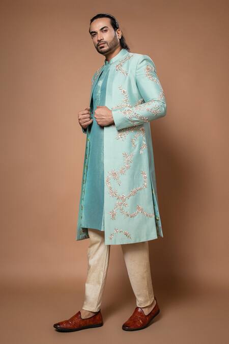 Buy Priyanka Haralalka Blue Silk, Cotton Embroidery, Zari Zardozi Sherwani And Kurta Set Buy_Priyanka Haralalka_Blue Silk, Cotton Embroidery, Zari Zardozi Sherwani And Kurta Set