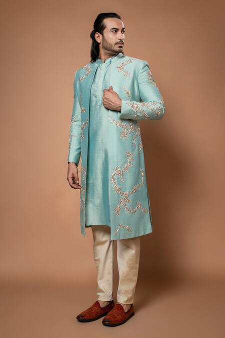 Shop Priyanka Haralalka Blue Silk, Cotton Embroidery, Zari Zardozi Sherwani And Kurta Set Shop_Priyanka Haralalka_Blue Silk, Cotton Embroidery, Zari Zardozi Sherwani And Kurta Set