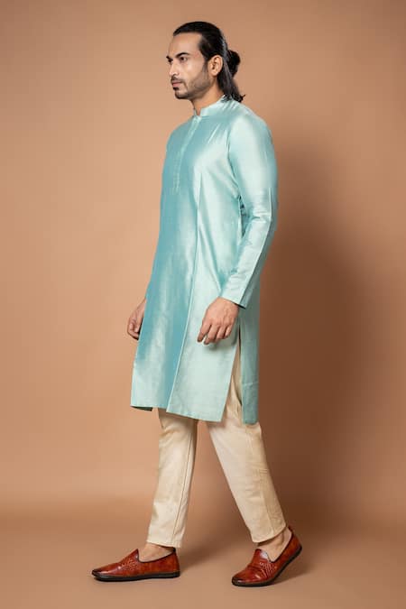 Shop Priyanka Haralalka Blue Silk, Cotton Plain Kurta With Pyjama at Aza Fashions Shop_Priyanka Haralalka_Blue Silk, Cotton Plain Kurta With Pyjama _at_Aza_Fashions