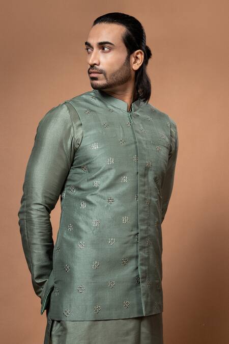 Shop Priyanka Haralalka Green Silk, Cotton Sequins, Embroidery Olive Bundi Set Online at Aza Fashions Shop_Priyanka Haralalka_Green Silk, Cotton Sequins, Embroidery Olive Bundi Set _Online_at_Aza_Fashions