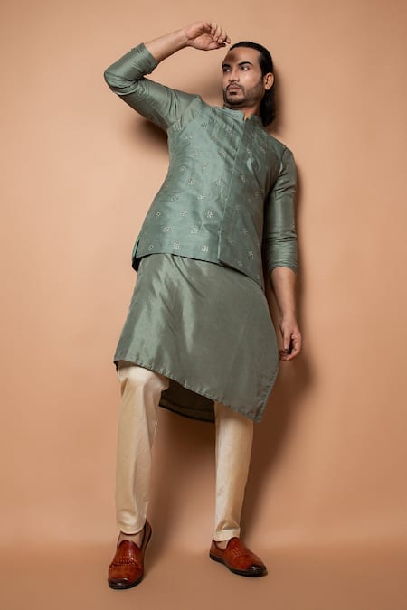 Priyanka Haralalka Green Silk, Cotton Sequins, Embroidery Floral Bundi Online at Aza Fashions Priyanka Haralalka_Green Silk, Cotton Sequins, Embroidery Floral Bundi _Online_at_Aza_Fashions